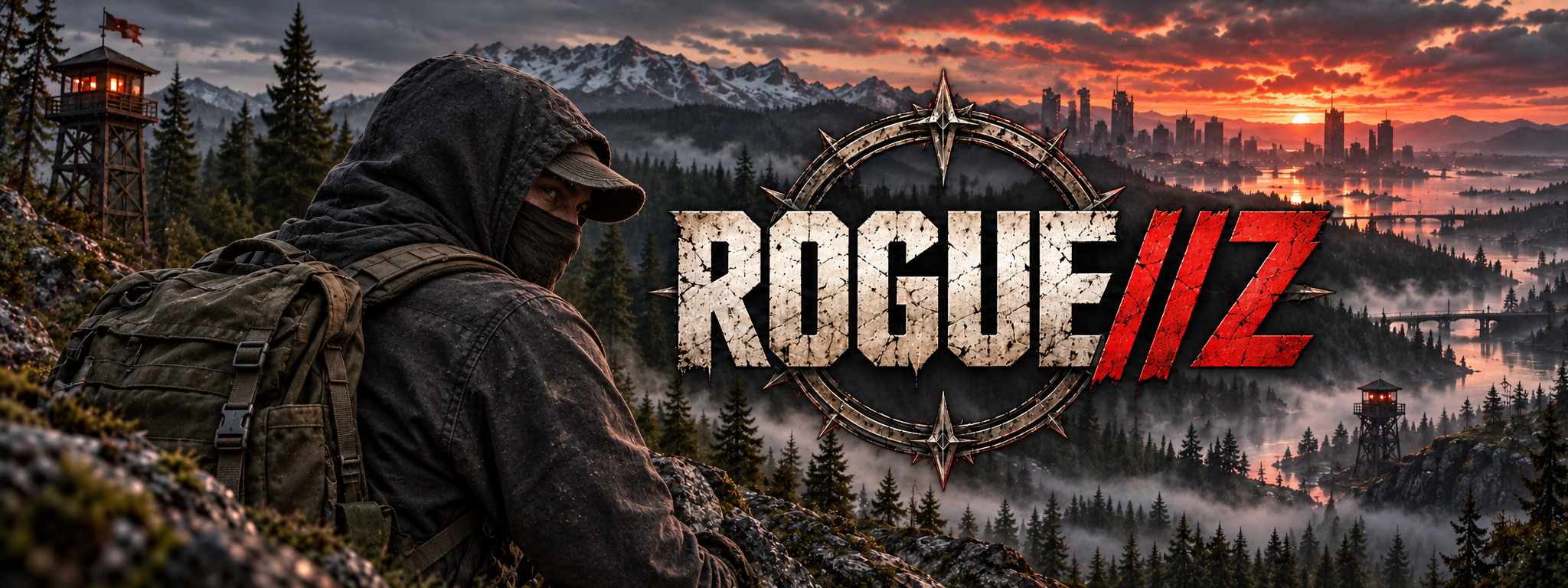 Survivant dans une vallée de montagnes et de forêts au crépuscule, identité ROGUE//Z